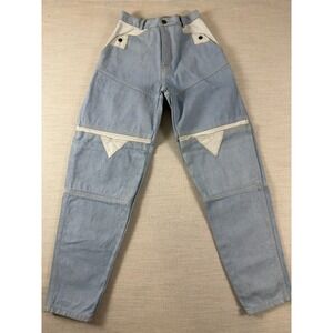 Vintage Paneled Light Wash Denim Jeans White Leather Accent Tapered Leg 25 Waist